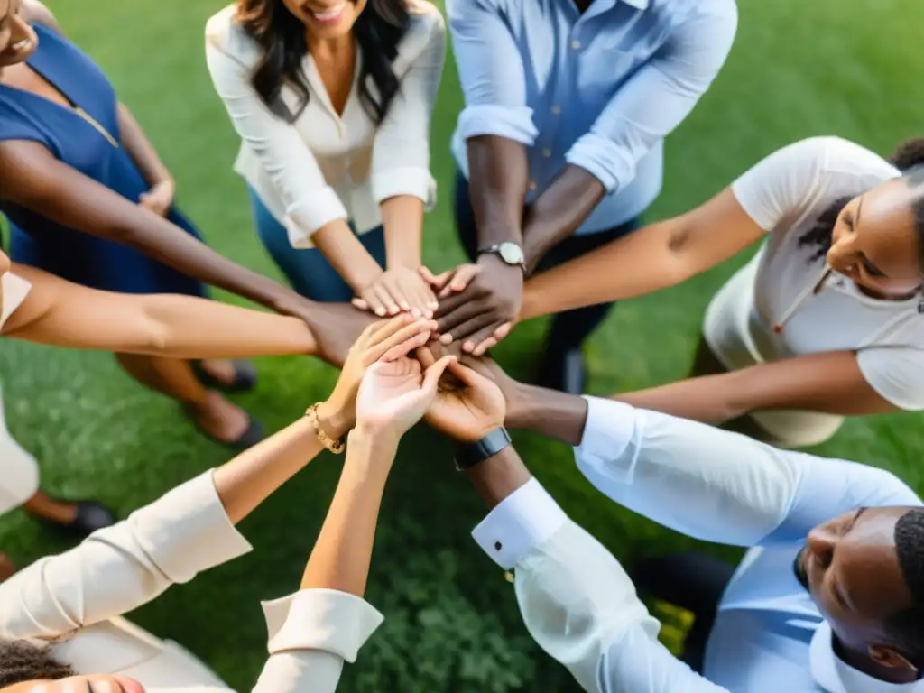 Grupo diverso participa en rituales corporativos para mejorar cultura en entorno natural al atardecer, unidos con determinación y empatía