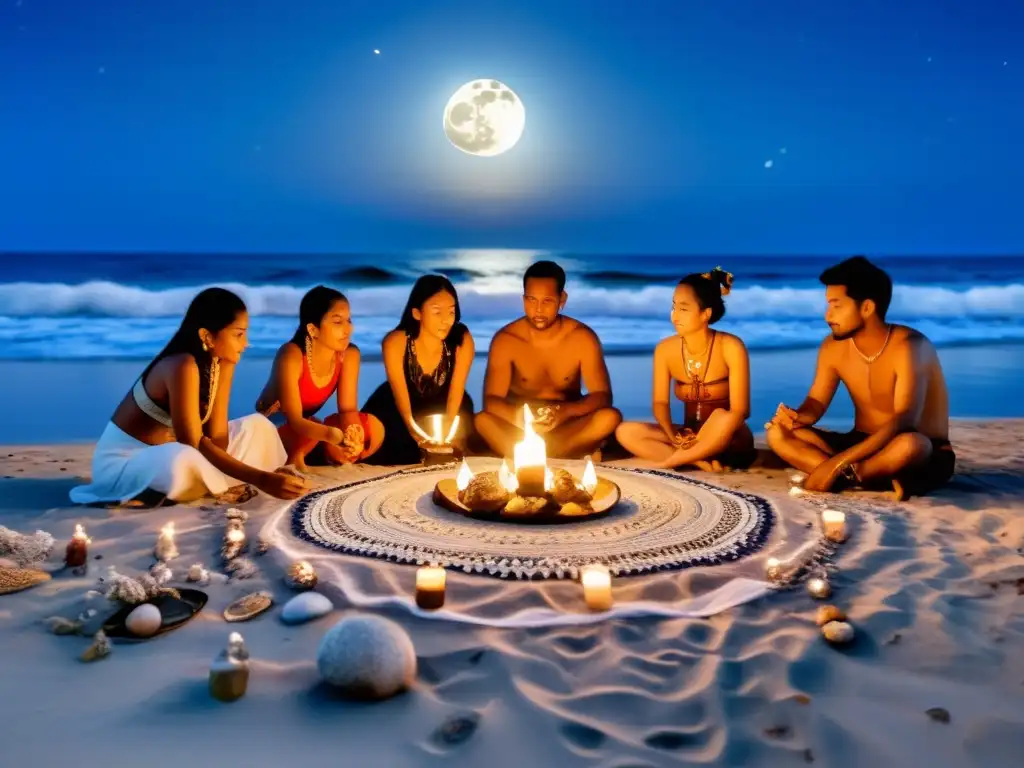 Un grupo diverso participa en rituales lunares en diferentes culturas en la playa, con luna llena, velas, cristales e incienso