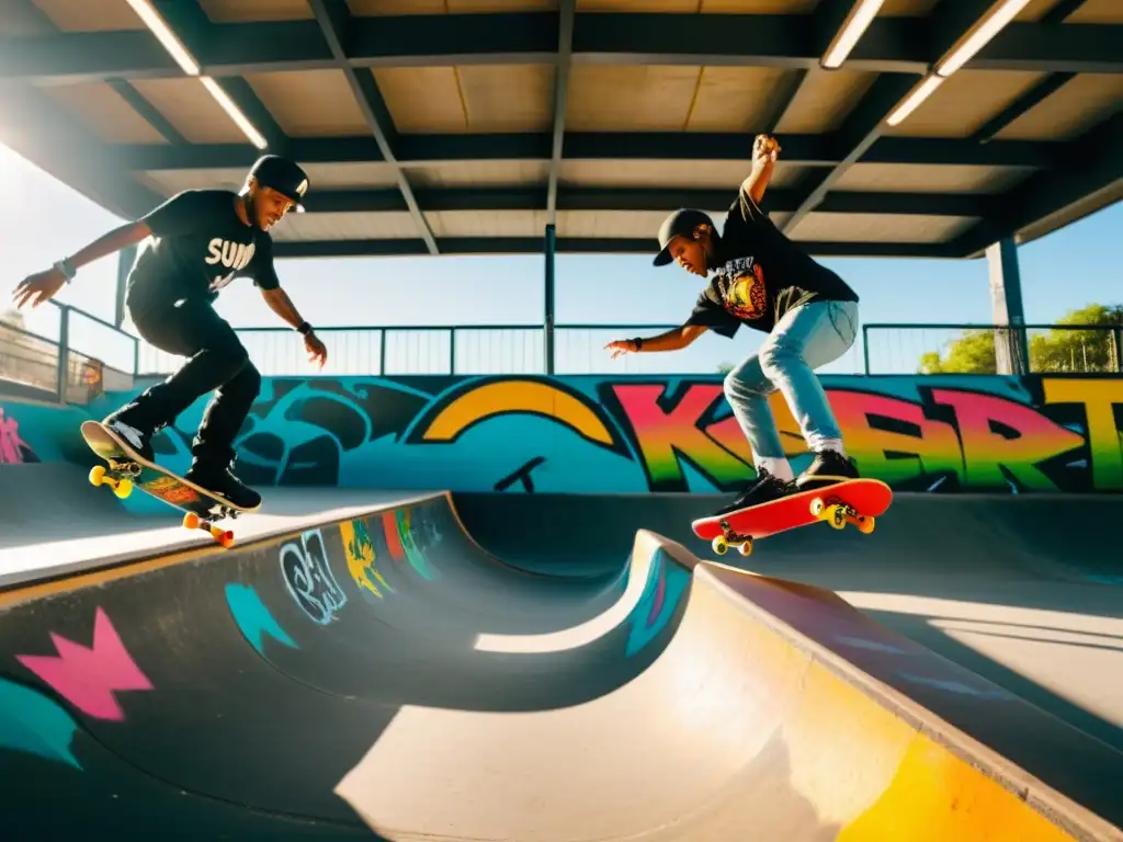 Un grupo diverso de skaters ejecuta trucos con confianza en un vibrante skatepark lleno de graffiti