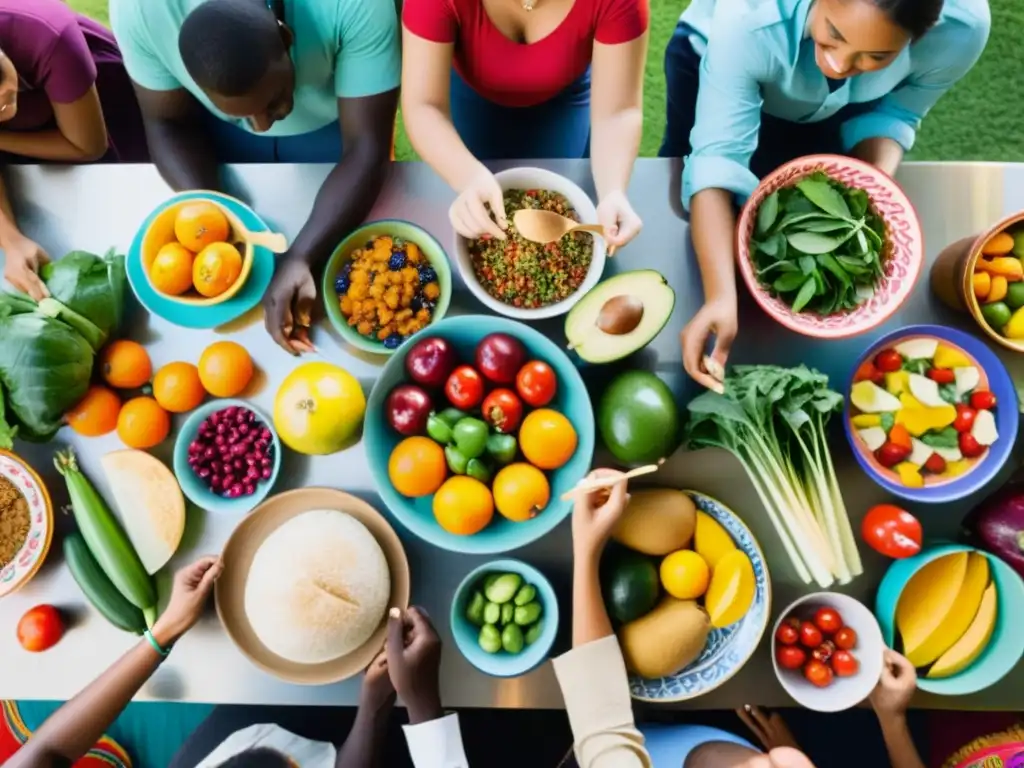 Un grupo diverso comparte tabúes alimenticios en rituales, con comida variada en una mesa adornada con colores vibrantes