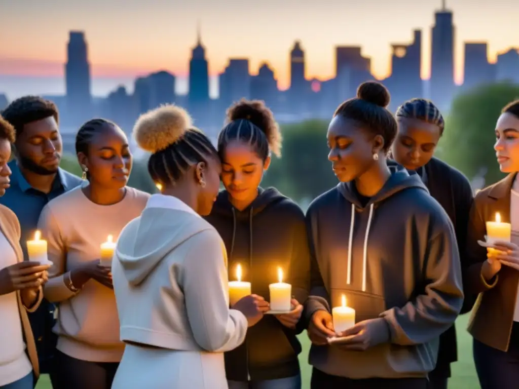 Ritual de duelo urbano: solidaridad entre diversidad Grupo diverso se abraza con velas en parque urbano, reflejando solidaridad y duelo