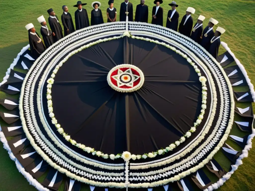 Un grupo diverso viste Vestimentas y accesorios rituales funerarios en una escena solemne y reverente, honrando tradiciones globales