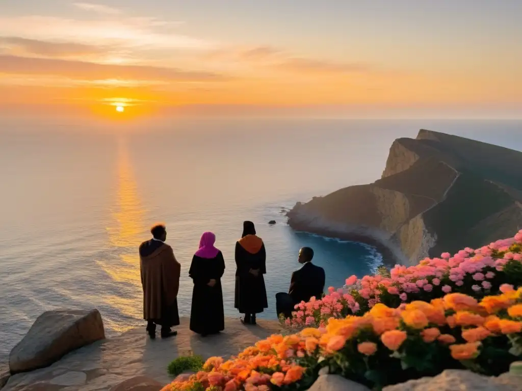 Un grupo de dolientes en un acantilado rocoso observa un atardecer dorado sobre el vasto océano