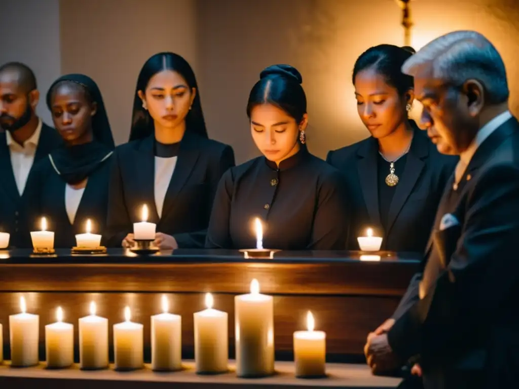 Grupo de dolientes en ceremonia funeraria, velas encendidas y símbolos religiosos