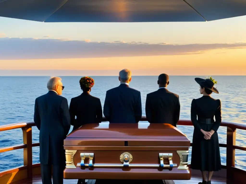 Un grupo de dolientes se reúne en la cubierta de un barco al atardecer para el ritual de entierro en el océano