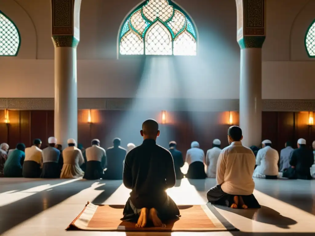 Grupo de dolientes en un Janazah, en una mezquita iluminada por el atardecer, expresando respeto y espiritualidad islámica