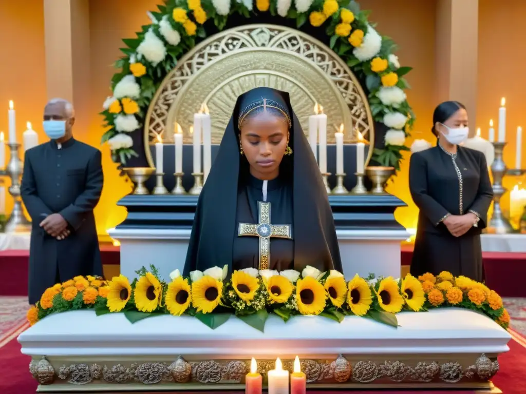 Un grupo de dolientes vestidos con atuendo funerario tradicional, frente a un altar decorado con ofrendas simbólicas