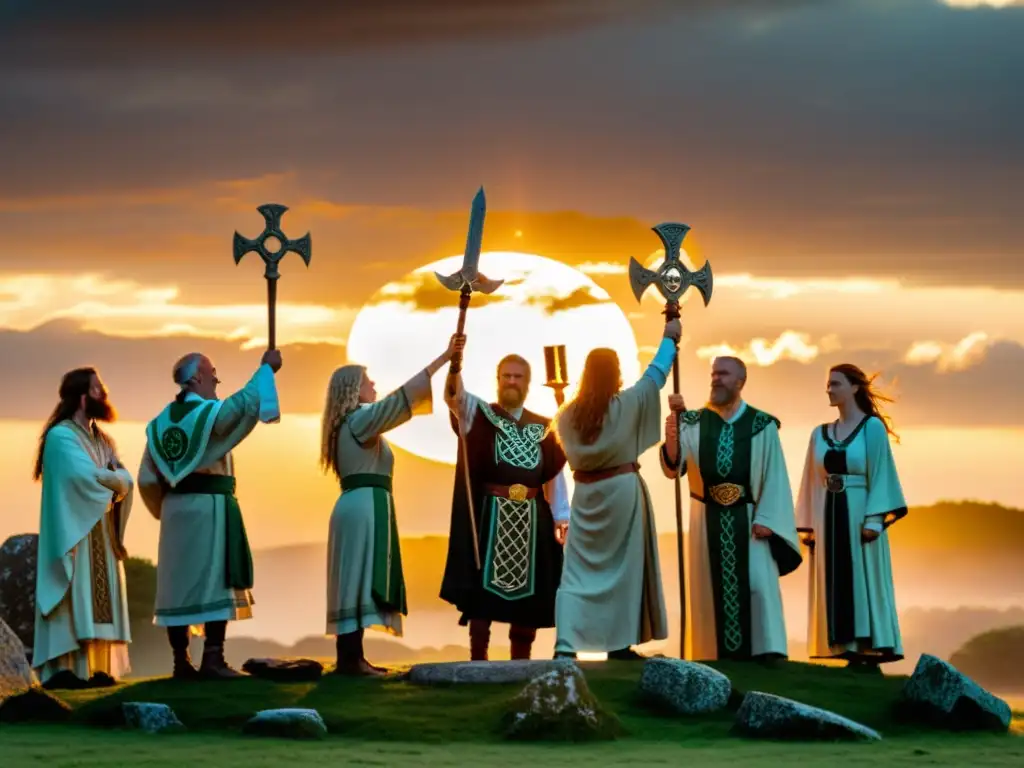 Grupo de druidas celtas en ritual con espadas al atardecer, rodeados de símbolos y antorchas