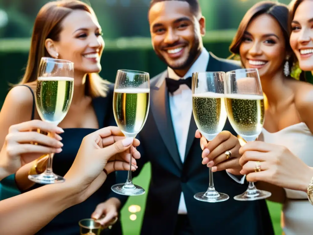 Grupo elegante brinda con champagne, capturando la alegría y camaradería