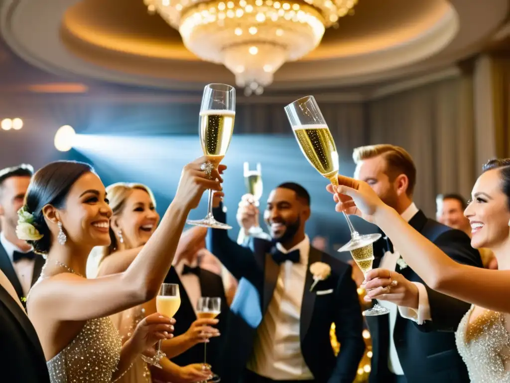 Grupo elegante brinda con champagne en lujoso salón, significado brindis champagne celebraciones