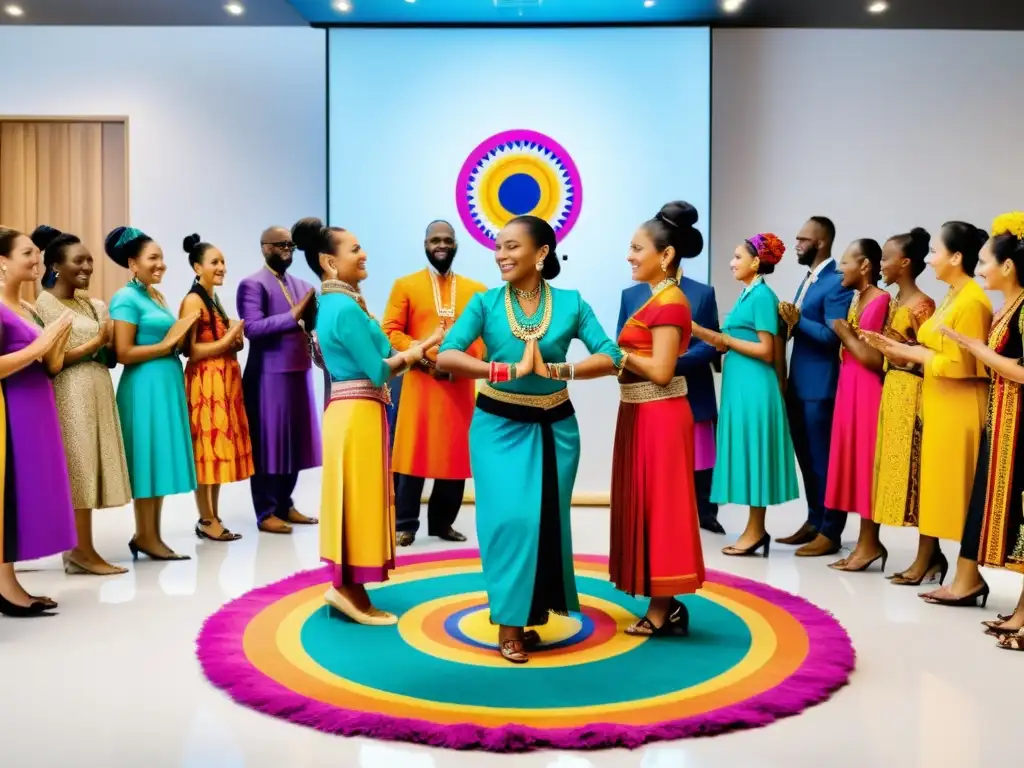 Grupo de empleados en empresa de moda realizando ritual de bienvenida con atuendos tradicionales y expresiones de alegría