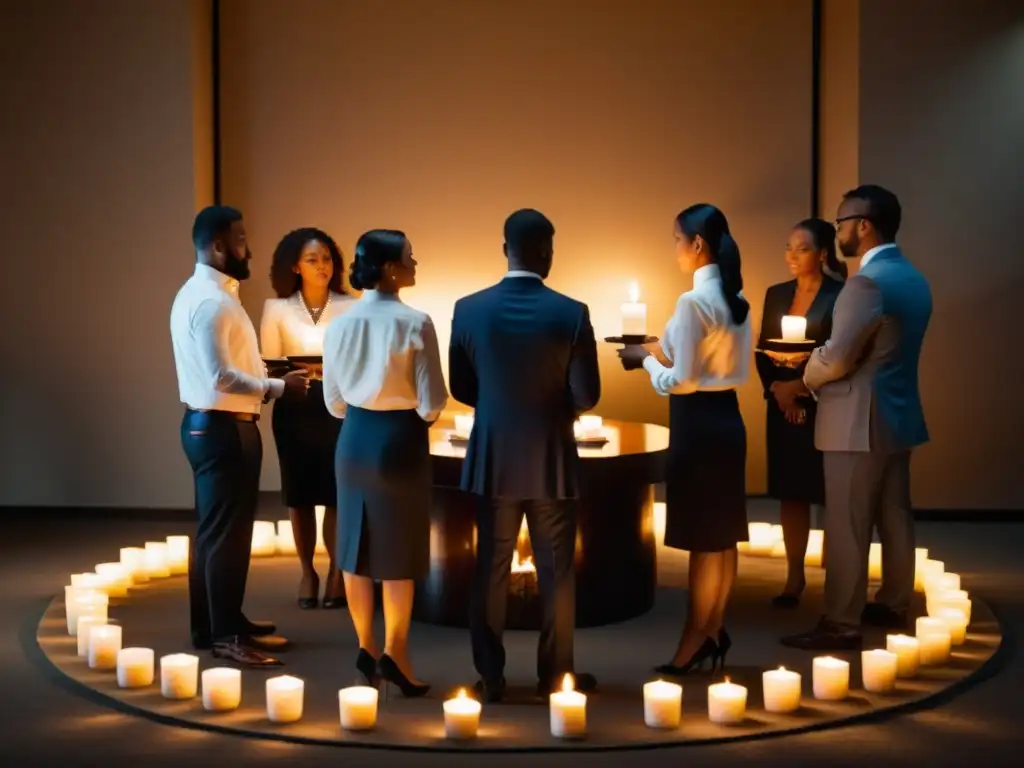 Grupo de empleados en ritual de iniciación laboral, sosteniendo velas encendidas en una atmósfera solemne y enfocada