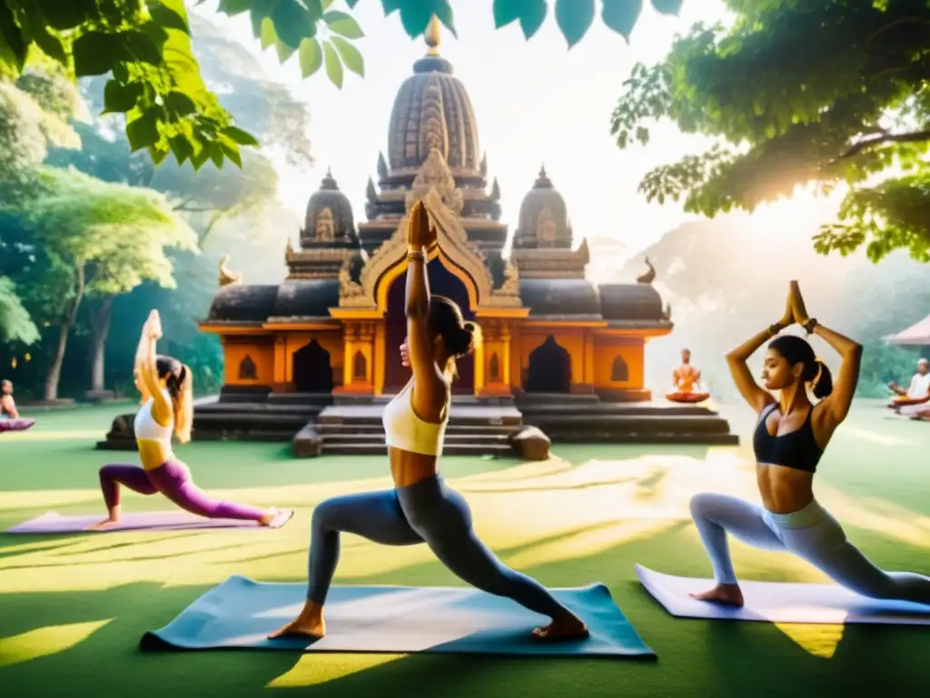 Un grupo practica yoga en un entorno sereno y natural, con un templo hindú al fondo