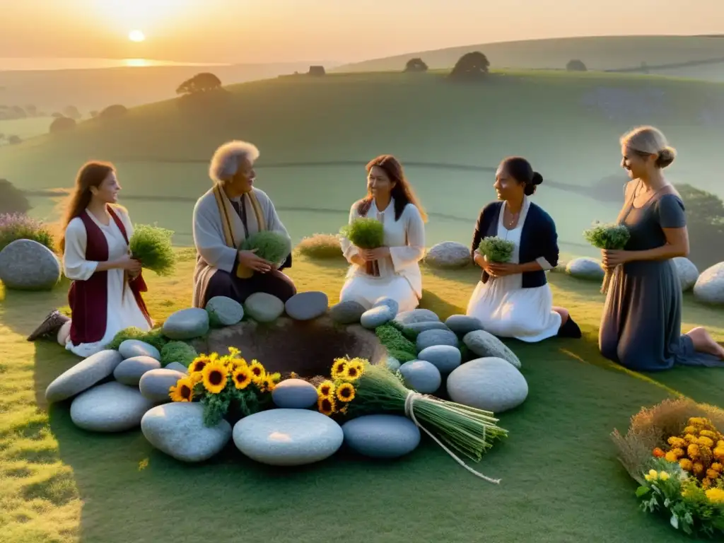 Grupo celebrando el equinoccio al amanecer alrededor de un círculo de piedras