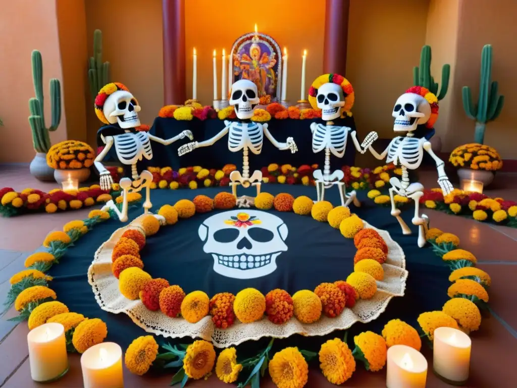 Grupo de esqueletos adornados danzando en festival de Muertos México, con altar colorido y energía festiva