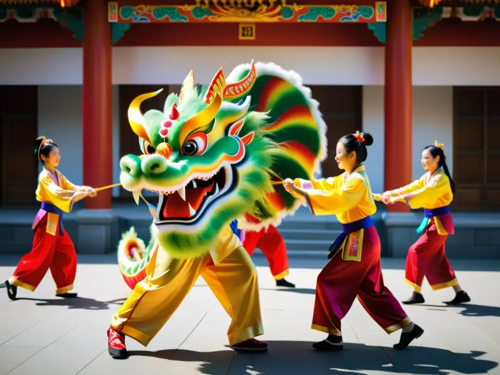 Un grupo de estudiantes practica la danza del dragón en un patio soleado