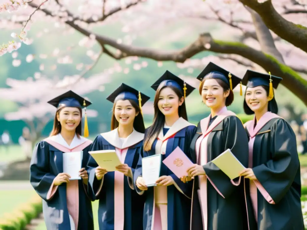 Graduación japonesa bajo cerezos en flor Grupo de estudiantes japoneses celebrando su graduación en un jardín de cerezos en flor
