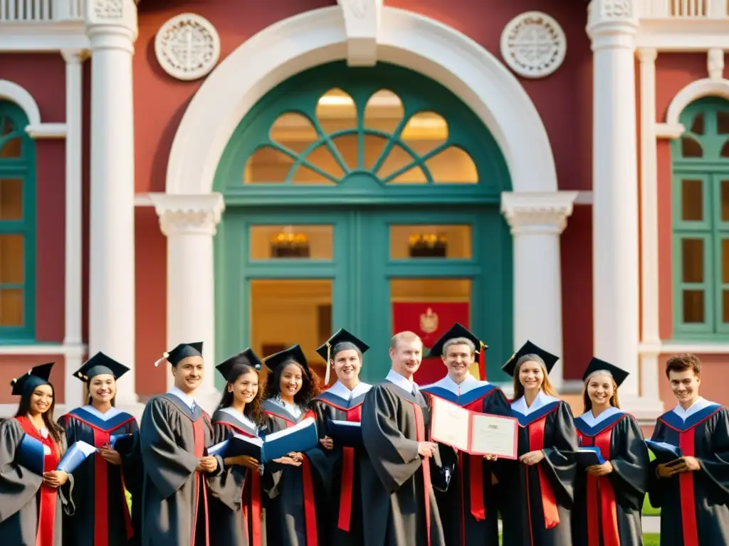 Grupo de estudiantes rusos en ritual de cinta de graduación frente a histórica universidad rusa al atardecer