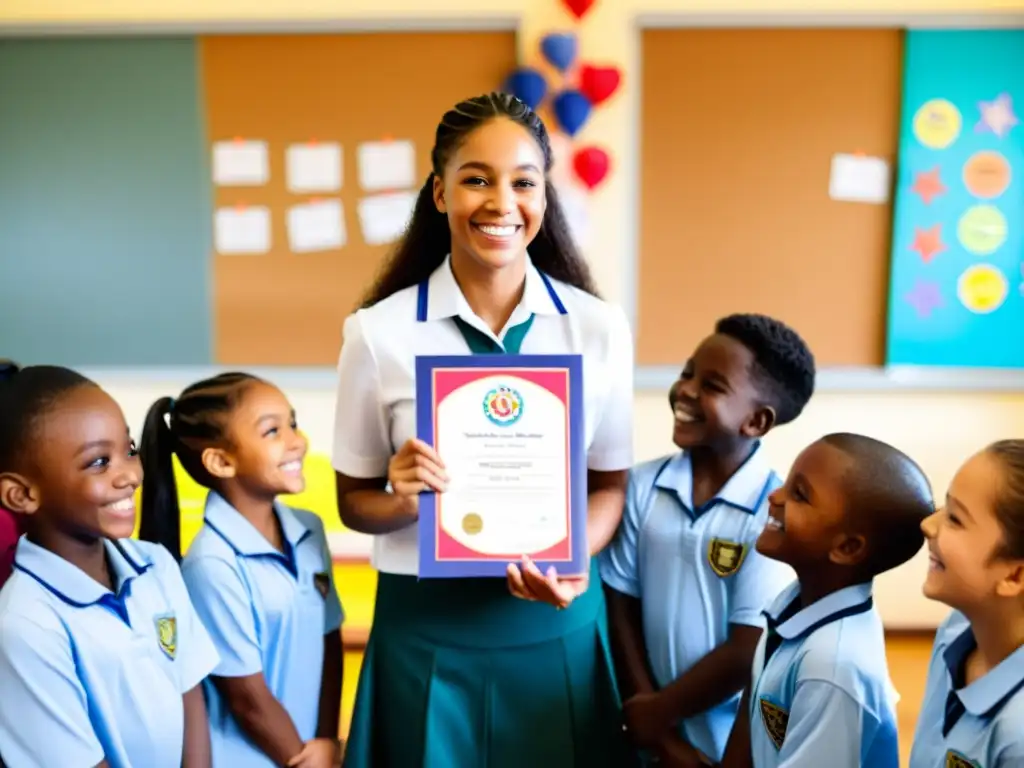 Grupo de estudiantes sonrientes en círculo, con su maestra entregando un certificado