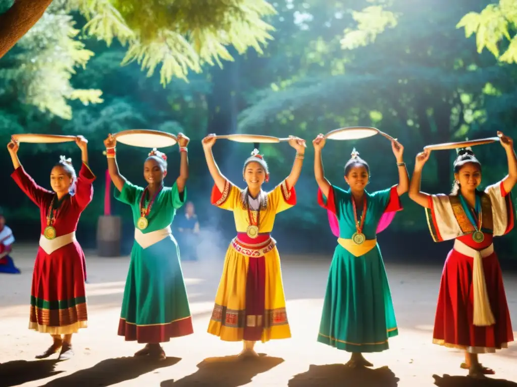 Grupo de estudiantes en trajes tradicionales danzando al aire libre, en un círculo con los brazos en alto