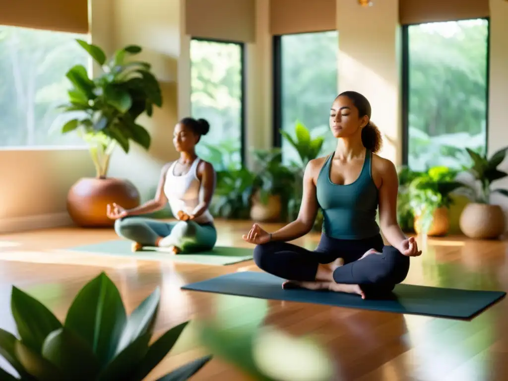 Un grupo disfruta de una sesión de meditación en un estudio de yoga, rodeados de plantas, en una atmósfera serena y equilibrada