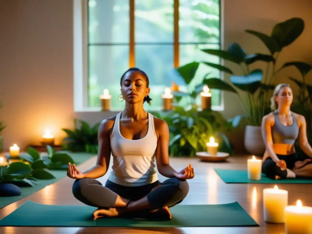 Grupo meditando en un estudio sereno, iluminado por velas Un grupo medita en un estudio sereno, iluminado por velas y rodeado de plantas
