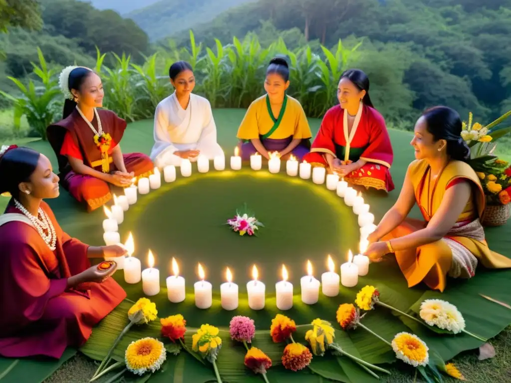 Grupo étnico realiza rituales de prosperidad tradicionales con ofrendas en el bosque al atardecer