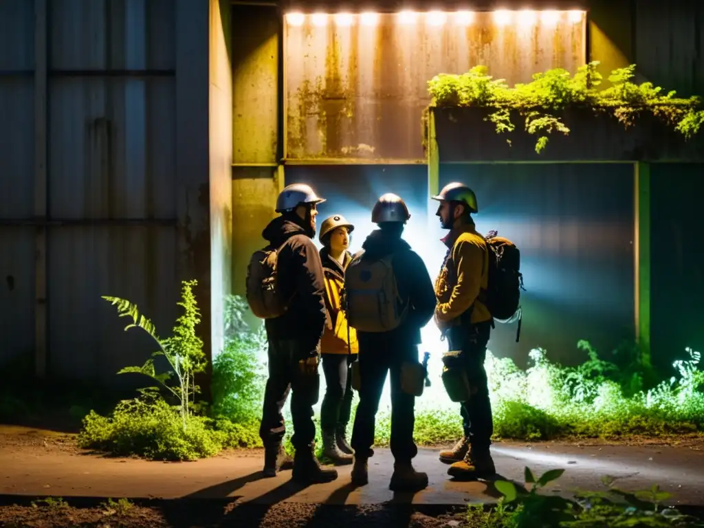 Grupo de exploradores urbanos con linternas y equipamiento de escalada examinan la entrada de un complejo industrial abandonado y cubierto de maleza