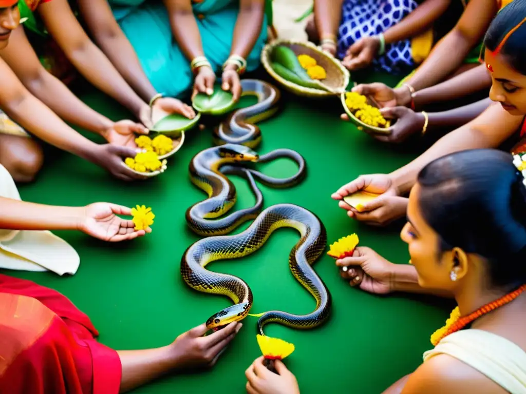 Grupo participando en el festival Naga Panchami en India, con rituales de adoración de serpientes, colores vibrantes y detalles tradicionales