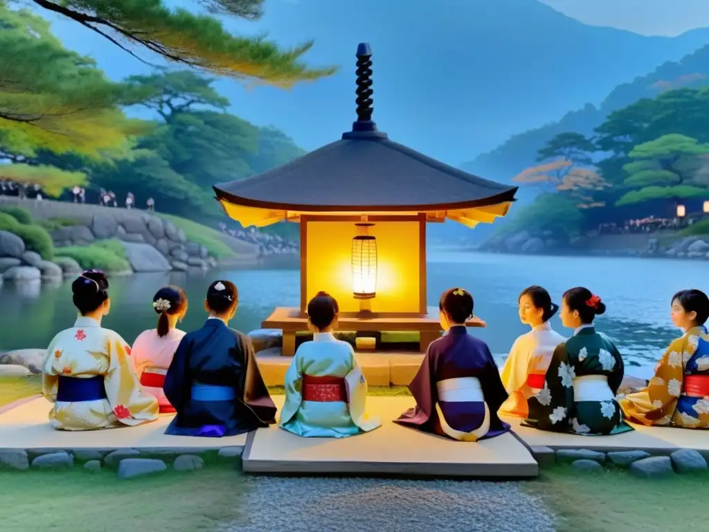Obon: Respeto y tradición en yukatas Grupo en festival japonés honra ancestros con yukatas y farolillos iluminados junto al río sereno