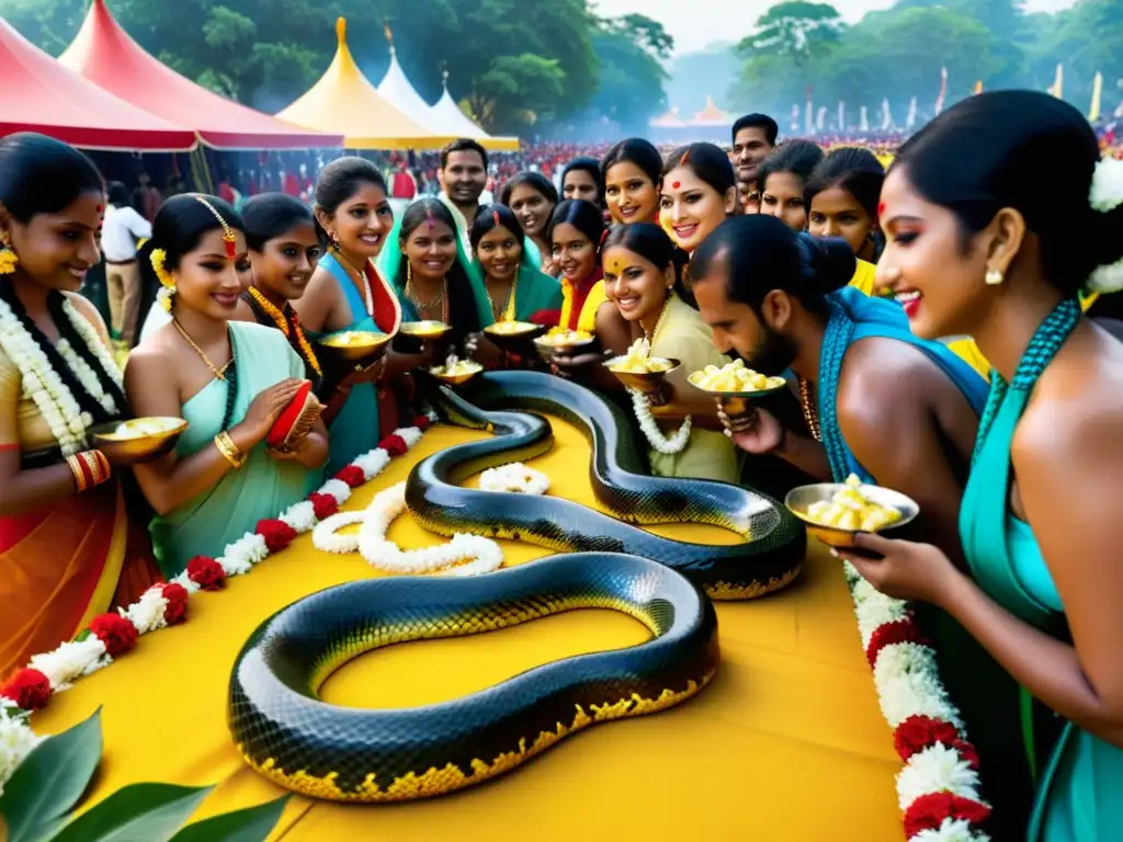 Grupo en festival Naga Panchami en India, realizando rituales de adoración de serpientes