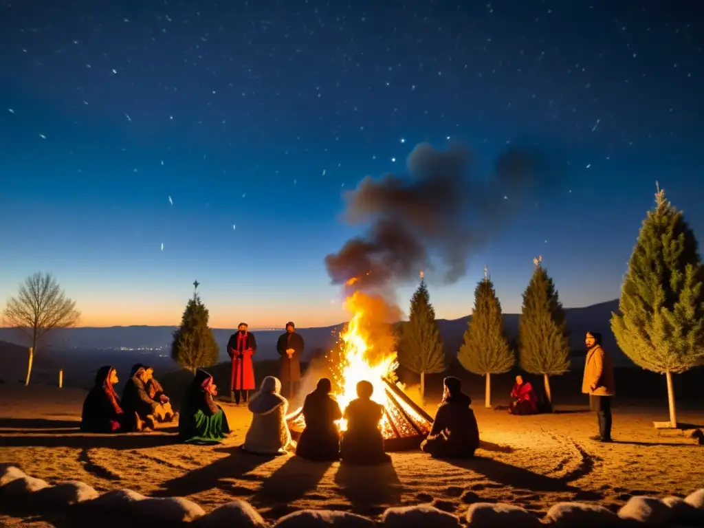 Grupo celebra el Festival Sadeh invierno Persa alrededor de una hoguera, creando una atmósfera mágica y alegre