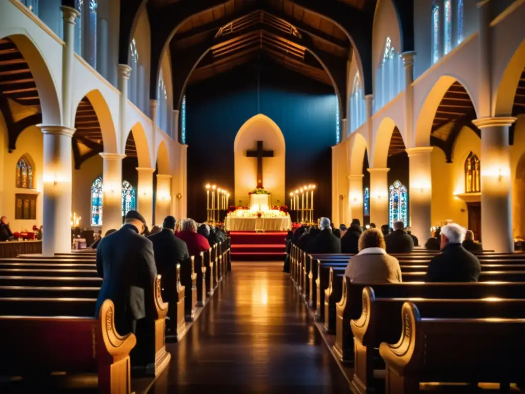 Vigilia de Año Nuevo en Iglesia Histórica Grupo de fieles en la iglesia iluminada por velas en la víspera de Año Nuevo, participando en rituales de Año Nuevo en la Iglesia