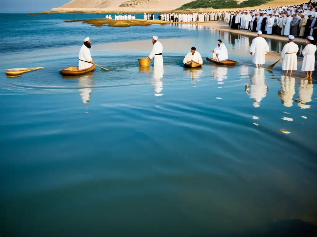 Grupo de fieles judíos se sumergen en agua natural, practicando Tashlich en Yom Kipur para purificarse