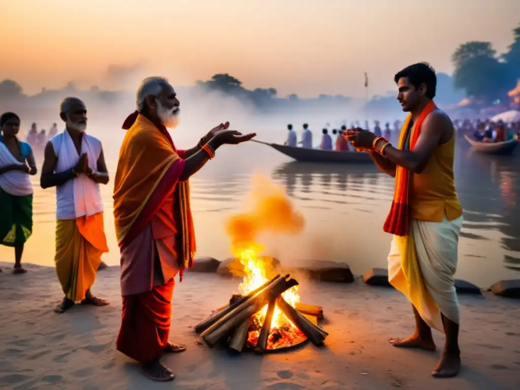 Grupo de fieles realizando un ritual hindú junto al Ganges al amanecer, con una atmósfera mística