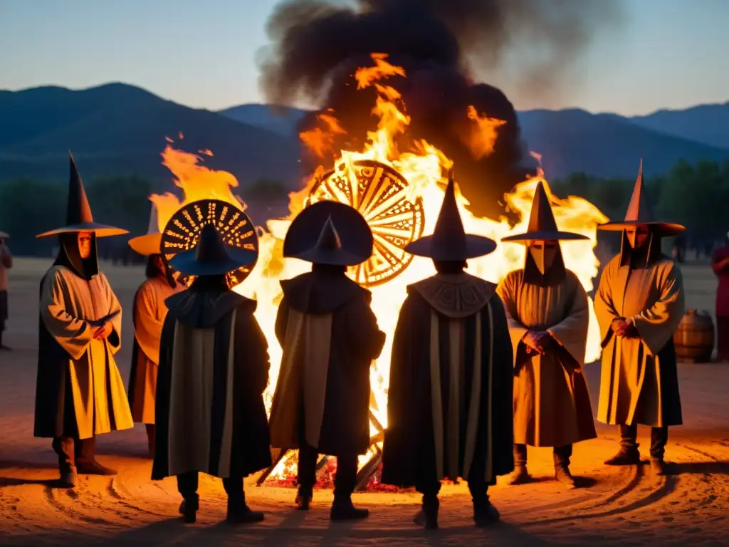 Un grupo de figuras encapuchadas danzando alrededor de una fogata, con máscaras talladas en madera