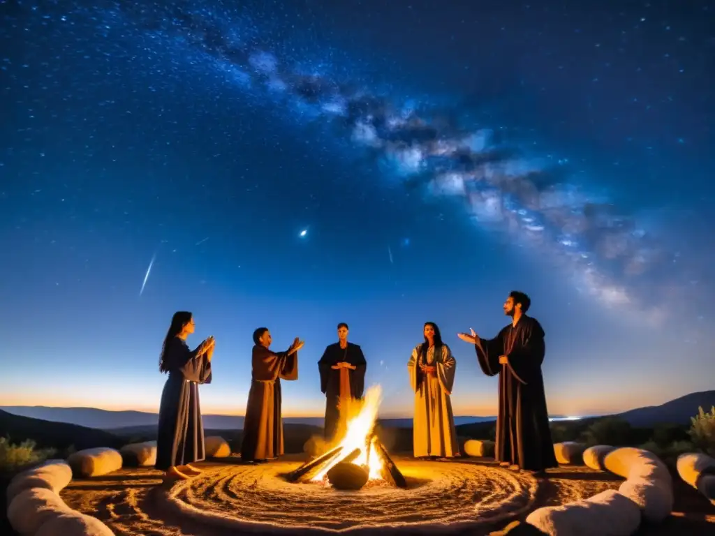 Grupo de figuras con túnicas en un ritual bajo el cielo estrellado