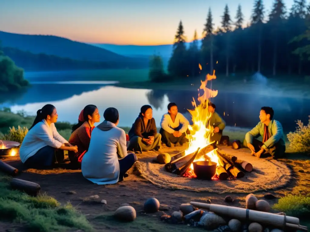 Grupo cocinando en fogata bajo la luna llena en ritual gastronómico en bosque