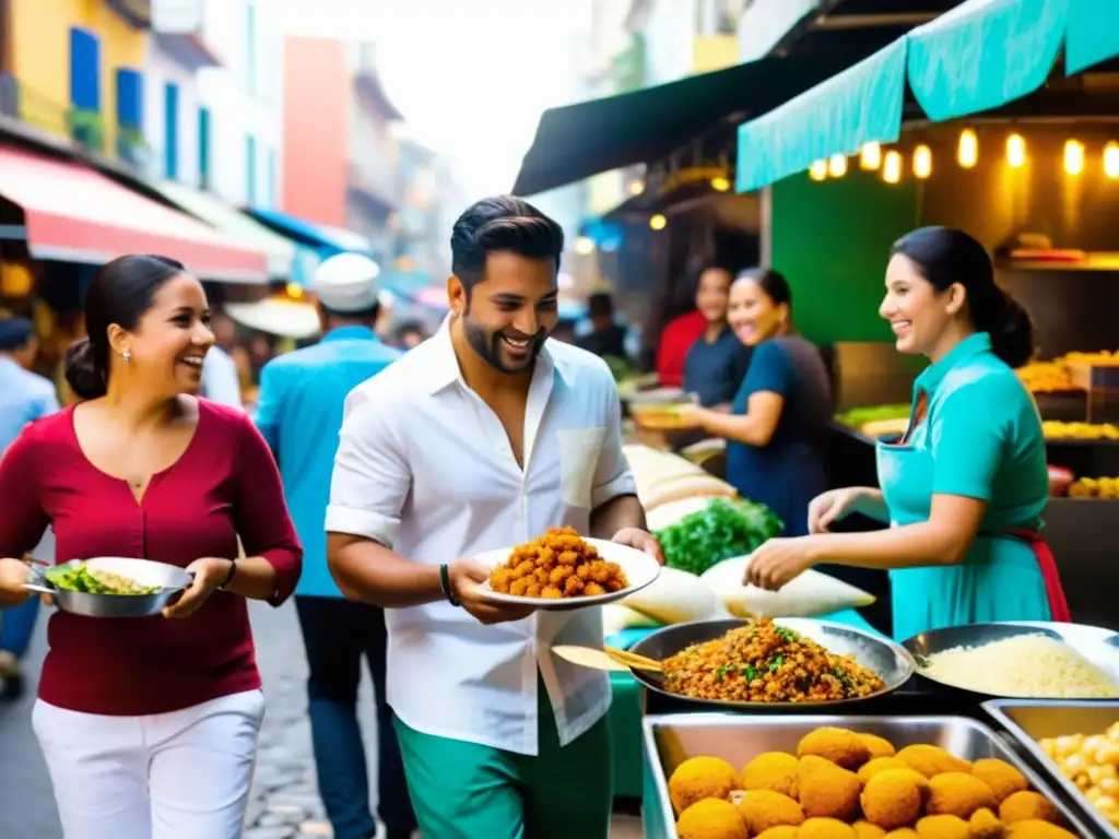 Exploración gastronómica en mercado callejero sudamericano Un grupo de foodies disfruta de peregrinajes gastronómicos rituales sabor en un bullicioso mercado callejero de una ciudad sudamericana