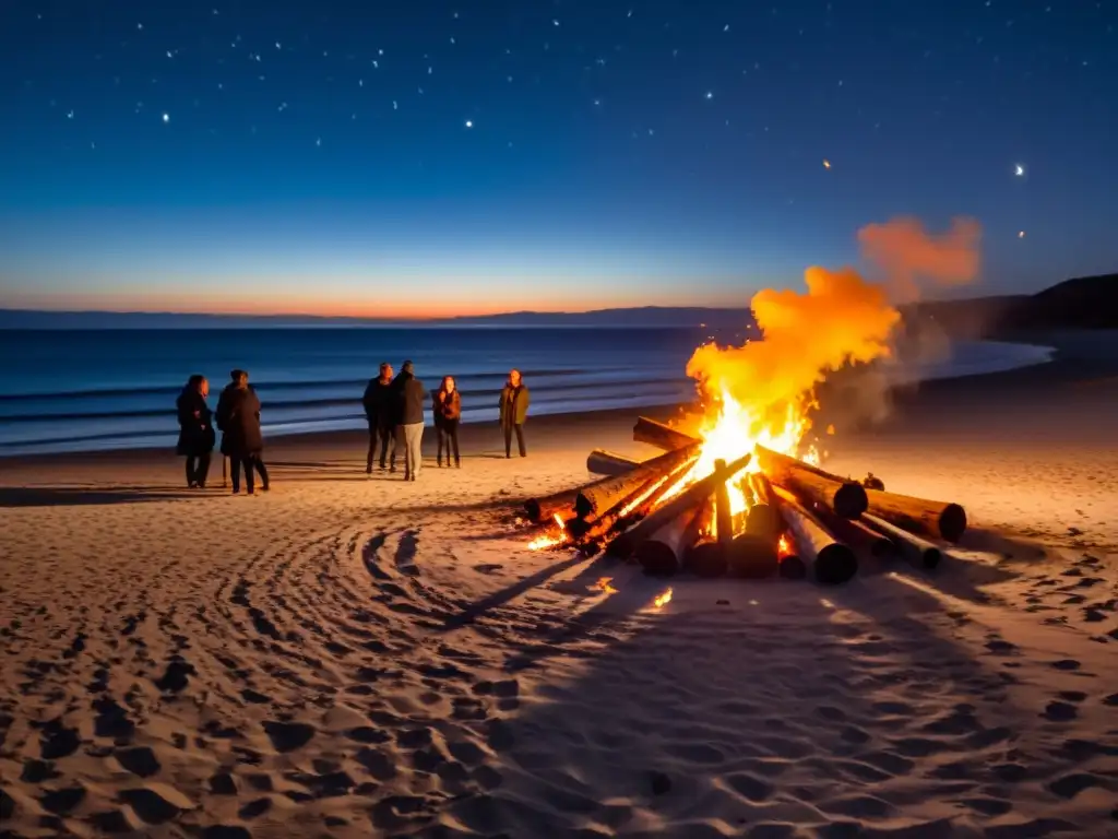 Grupo frente a fogata en la playa, con el resplandor anaranjado de las llamas iluminando sus rostros y proyectando largas sombras en la arena