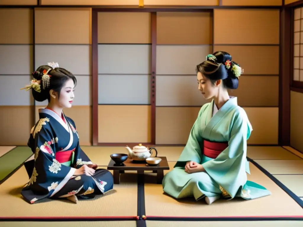 Un grupo de geishas realiza con gracia un ritual de té japonés en una hermosa habitación tatami