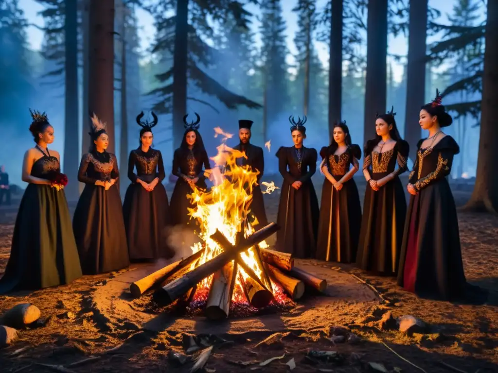 Un grupo gótico se reúne en un claro del bosque, realizando un ritual neopagano junto a una fogata