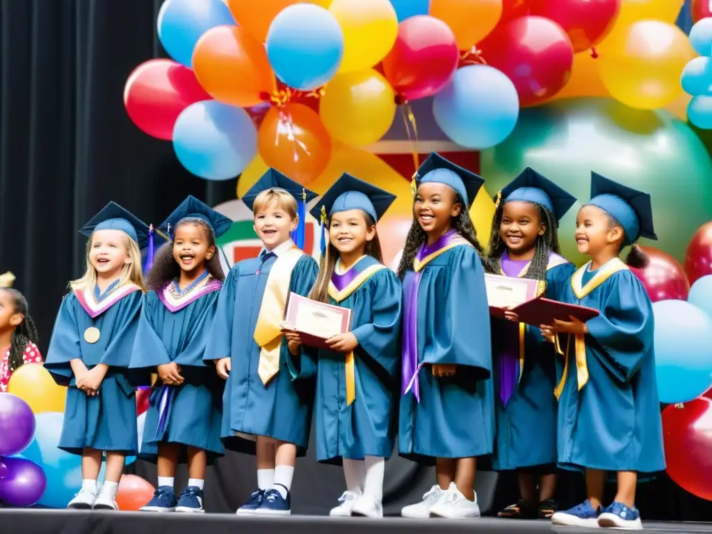 Un grupo de graduados de preescolar celebra con emoción su logro, rodeados de globos y padres orgullosos