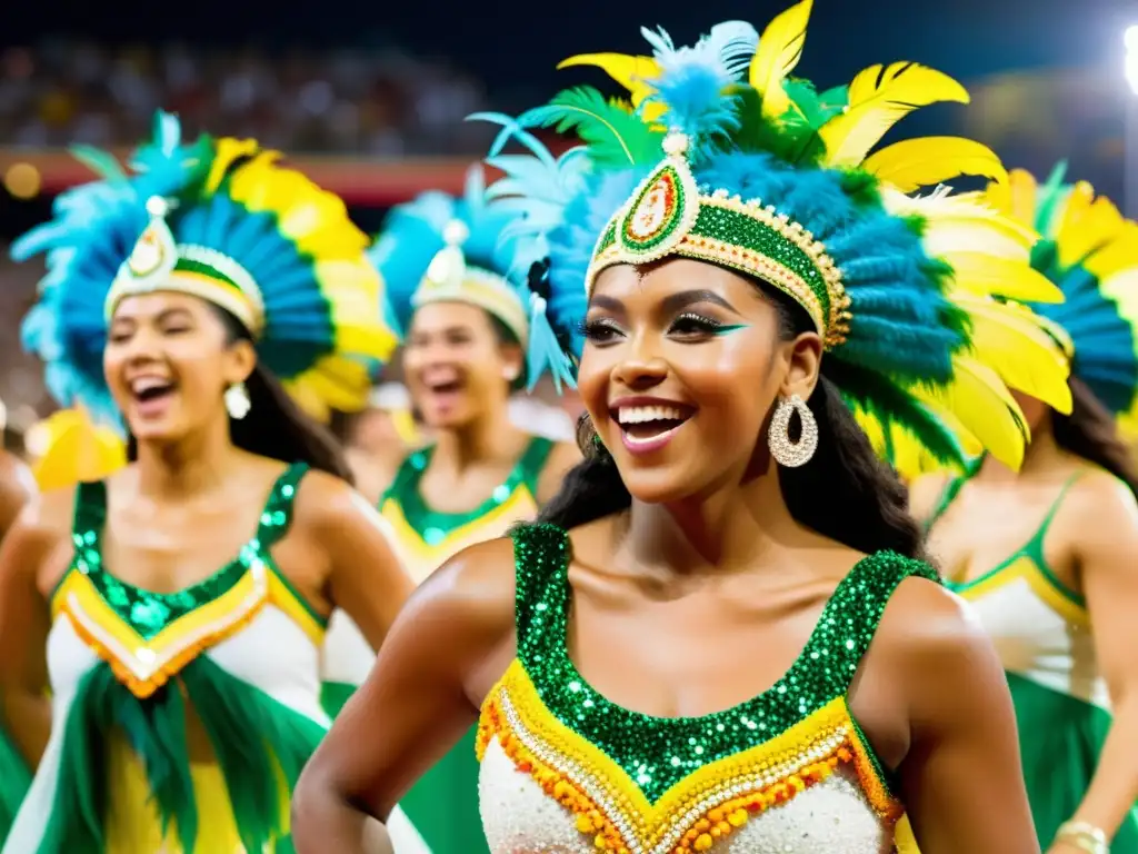 Desfile de Graduación de Samba: Tradición y Alegría Grupo de graduados de escuelas de samba celebrando con exuberantes trajes y bailes en una vibrante procesión, en una tradición de samba