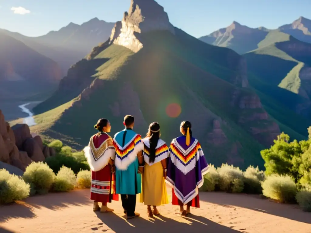Graduados indígenas celebran al sol en templo ancestral Grupo de graduados indígenas en círculo al atardecer, vistiendo atuendos tradicionales y sosteniéndose de las manos