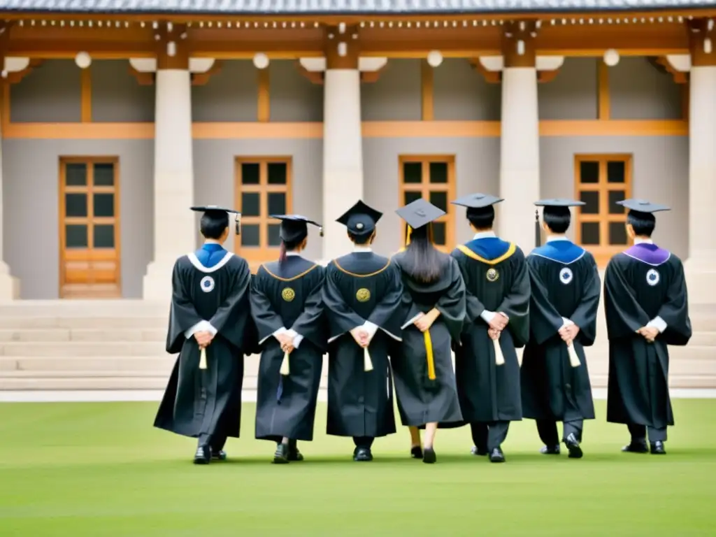 Ceremonia de graduación japonesa: Respeto y tradición en la universidad Grupo de graduados japoneses vistiendo trajes tradicionales de graduación, mostrando respeto a sus profesores en la universidad