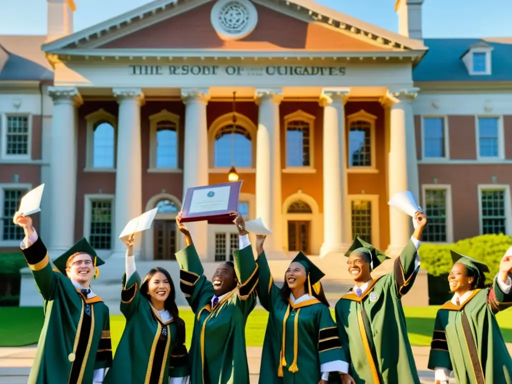 Grupo de graduados de Ivy League celebra su logro en una universidad histórica al atardecer