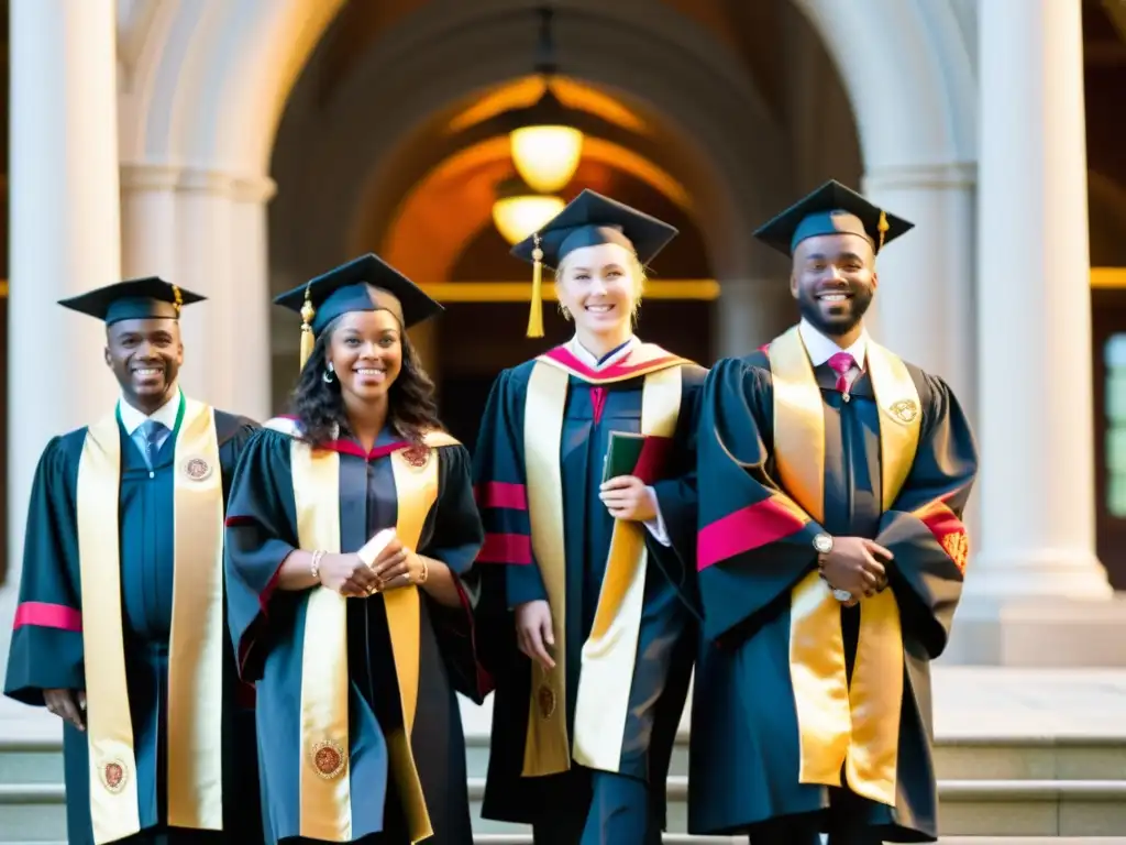 Un grupo de graduados en togas académicas, sonriendo y sosteniendo diplomas, con un edificio universitario al fondo