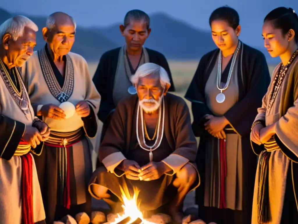 Un grupo de Guardianes de rituales antiguos preservadores realizando una ceremonia ancestral entre la luz de antorchas y el sonido de tambores