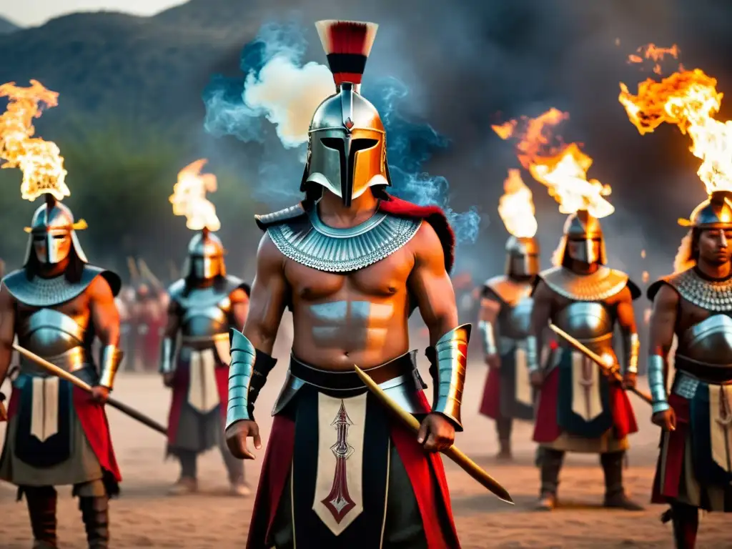 Grupo de guerreros antiguos realizando un ritual de preparación psicológica antes de la guerra, con atuendos tradicionales y pintura de guerra